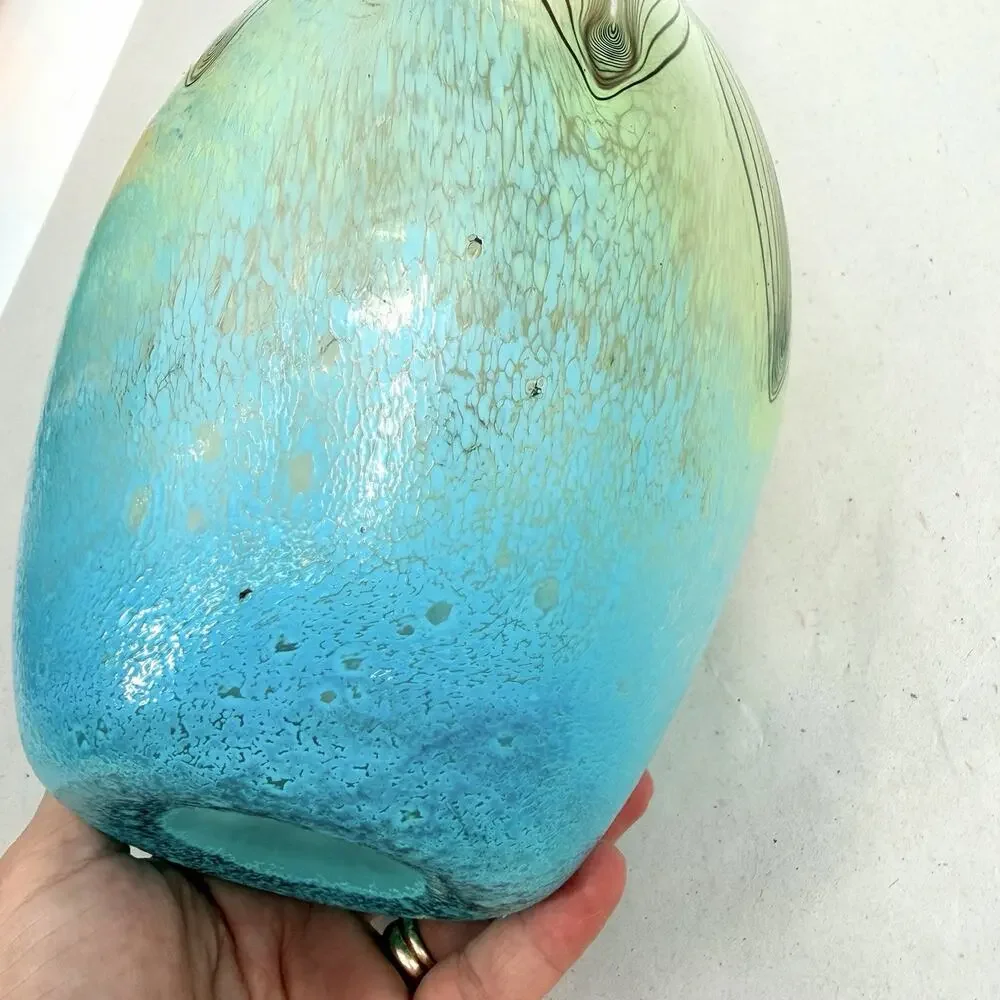 Boho Blue Green Pulled Feather Murano Style Art Glass Vase Hand Blown 12.75